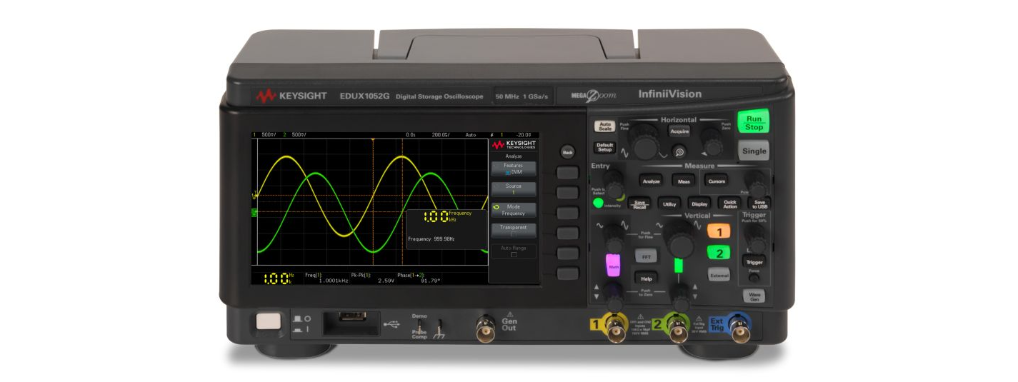 EDUX1052G 示波器：50 MHz 带宽，2 个模拟通道，内置波形发生器